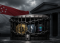 Crypto coins (Bitcoin, Ethereum, others) locked in a metal cage with heavy chains, in front of a neoclassical building and a Singapore flag in the background.