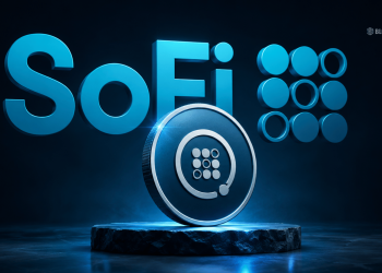3D blue SoFi logo with a metallic circular fintech coin on a pedestal against a dark backdrop (fintech branding image).
