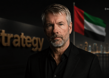 Head-and-shoulders portrait of a man in a black suit with gray hair and stubble, in front of a dark wall with 'Strategy' text and a UAE flag in the background.