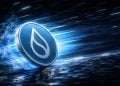 Blue Solana cryptocurrency coin spinning through neon blue streaks in a futuristic space background.