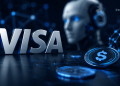 Silver VISA letters on a dark blue tech-inspired background with a robotic head and a dollar coin, suggesting fintech and crypto themes.
