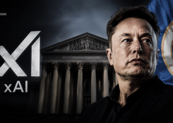 Man in a dark suit stands beside a large 'xAI' logo, with a classical government building and a flag behind him.