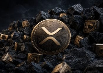 A large gold XRP coin sits among dark jagged rocks with small gold lockboxes, evoking crypto mining. (No logo text shown)