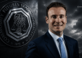 Smiling man in a navy suit and blue tie stands beside a large circular government seal with an eagle, under a cloudy sky.