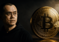 Man in a black hoodie gazes to the left, a large gold Bitcoin coin dominates the right side with a faint BlockNews watermark in darkness.