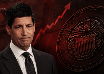 Man in a dark suit on the left, with a red backdrop featuring a large government seal and an upward arrow graphic on the right.