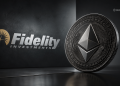 Fidelity Investments logo on a dark background with a large metallic Ethereum coin to the right.