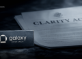 Dark desk scene with a navy Galaxy Research box in the foreground and a blurred document titled 'Clarity Act' in the background, top-left shows BlockNews branding.