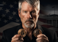 Man in a dark suit holds up two Bitcoin coins, with a waving American flag in the background.