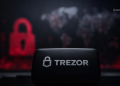 Close-up of a black TREZOR hardware wallet with the logo, set against a blurred red lock background in a dark scene.