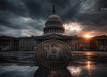 Bitcoin coin in the foreground with the U.S. Capitol and a dramatic sunset sky in the background.